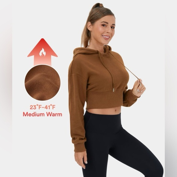 Halara Removable Hood Drawstring Cropped Fleece Cotton Hoodie | NEW!!!!🤎🐶 - Picture 2 of 15